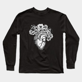 Human heart black and white with crow flowers anemones Long Sleeve T-Shirt